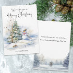 Cartão De Festividades Watercolor Snowman e Feliz Saudação de Natal<br><div class="desc">Bonito boneco de neve sorridente com pinheiro e árvore nua decorada. Mensagem no verso.</div>