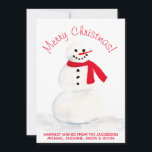 Cartão De Festividades Watercolor Snowman Feliz Foto De Natal De Volta<br><div class="desc">Este simples cartão de Natal bonitinho apresenta uma mão festiva pintada de boneco de neve com um nariz de cenoura e um cachecol vermelho. A saudação personalizável diz: Feliz Natal! mas pode ser mudado para qualquer coisa que você quiser. Abaixo está o espaço para uma nota curta ou assinatura. A...</div>
