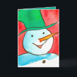 Cartão De Festividades Watercolor Snowman Feliz Natal<br><div class="desc">Uma carta de boas-vindas de Natal feliz com um bonitão alegre de neve em um chapéu verde brilhante e nariz de cenoura desenhados com tinta sépia e aquarela.</div>
