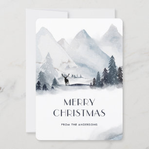 Cartão De Festividades Watercolor Snowy Mountain Stag Feliz Natal