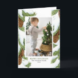 Cartão De Festividades Watercolor Snowy Pinecones Foto de Feriados Felize<br><div class="desc">Envie cartões de natal para a família e amigos com este adorável cartão de feriado fotográfico. Apresenta ilustrações de aquarelas de pineges de neve e agulhas de pinheiro. Os textos são perfeitamente editáveis. Personalize adicionando nomes, mensagens, fotos e outros detalhes. Este cartão de férias com aquarela é perfeito para todos...</div>