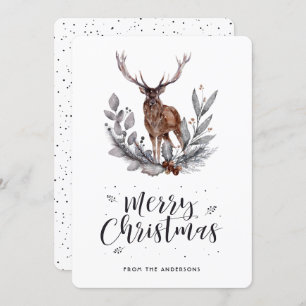 Cartão De Festividades Watercolor Stag Snow Botânica Feliz Natal
