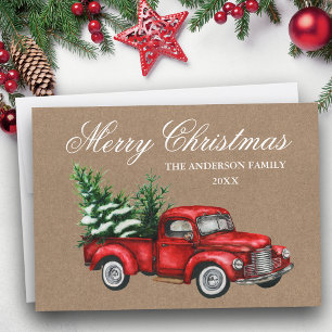 Cartão De Festividades Watercolor Vintage Red Truck Feliz Natal Kraft