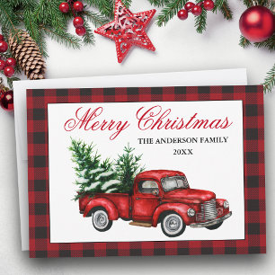 Cartão De Festividades Watercolor Vintage Red Truck Feliz Xadrez de Natal