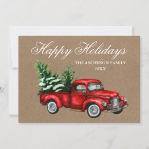Cartão De Festividades Watercolor Vintage Red Truck Kraft