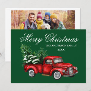 Cartão De Festividades Watercolor Vintage Truck Foto Natal Verde