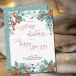 Cartão De Festividades Watercolor Winter Berries Holly Calliographic<br><div class="desc">Amoras de inverno de cor aquosa e cartão de natal sagrado com elegante caligrafia suave. Esta design apresenta bagas de inverno,  sagradas,  pinheiros e verde verde de inverno. Uma escolha bonita e fácil de personalizar.</div>