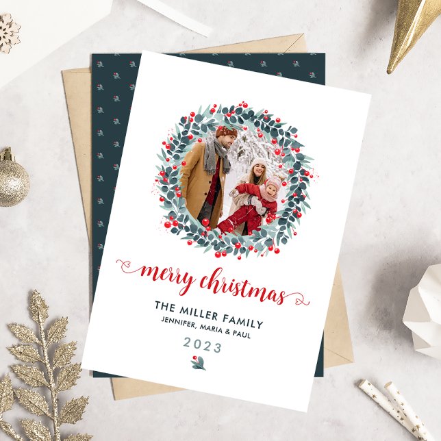 Cartão De Festividades Watercolor Winter Berry Greenery Wreath Photo (Criador carregado)