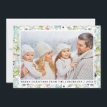 Cartão De Festividades Watercolor Winter Blue Floral Photo Christmas<br><div class="desc">O Cartão de Férias da Família de Feliz Natal Azul e Branco Floral Moderno Elegante inclui folhas botânicas verdes de inverno,  bagas azuis,  flores azuis,  algodão e morangos vermelhos.</div>