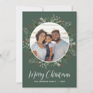 Cartão De Festividades Watercolor Winter Botanical Photo Green