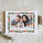 Cartão De Festividades Watercolor Winter Botanicals Merry Christmas Photo<br><div class="desc">Feliz Natal! Envie seus desejos de feriado e saudações para a família e amigos com este Cartões de foto de Natal floral personalizável. Apresenta pineges de aquarela, agulhas de pinheiros, colas, bagas e poinsettia. Personalize adicionando nomes, mensagens e uma foto horizontal. Este cartão com fotos de férias vintage está disponível...</div>