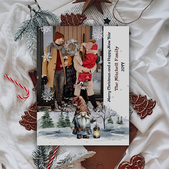 Cartão De Festividades Watercolor Winter Christmas Gnomo Photo (Watercolor Winter Christmas Gnome Photo Holiday Card)
