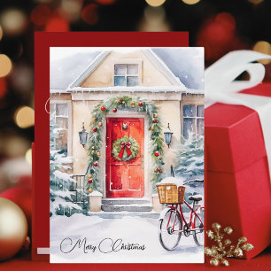 Cartão De Festividades Watercolor Winter Cotage Red Door Merry Christmas