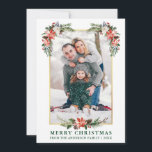 Cartão De Festividades Watercolor Winter Floral Dourado Frame Photo<br><div class="desc">A Elegante Watercolor Winter Floral Photo Merry Christmas Card inclui belas poinsettias vermelhas com aquarela,  verde botânico,  folhagem de inverno,  bagas ocas,  rosas brancas,  algodão,  pinheiros e bagas azuis. Dourado quadro. Texto Verde.</div>