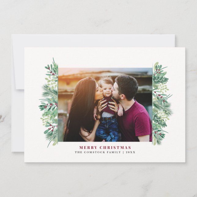 Cartão De Festividades Watercolor Winter Foliage Christmas Family Letter (Frente)