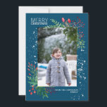 Cartão De Festividades Watercolor Winter Greenery Blue Christmas Photo<br><div class="desc">Cor-de-água doce verde de inverno,  bagas e queda de neve formando um belo quadro fotográfico. Fundo azul. Foto e nome personalizados. Azul,  verde,  vermelho,  branco.</div>