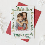 Cartão De Festividades Watercolor Winter Greenery Season Saudações<br><div class="desc">Mande as saudações da sua estação em estilo com o nosso cartão de feriado fotográfico personalizável. Este cartão apresenta uma magnífica design verde de inverno com cor d'água, complementada por sotaques elegantes de folha de ouro. Você pode adicionar sua foto favorita e uma mensagem personalizada. Quer você esteja enviando desejos...</div>