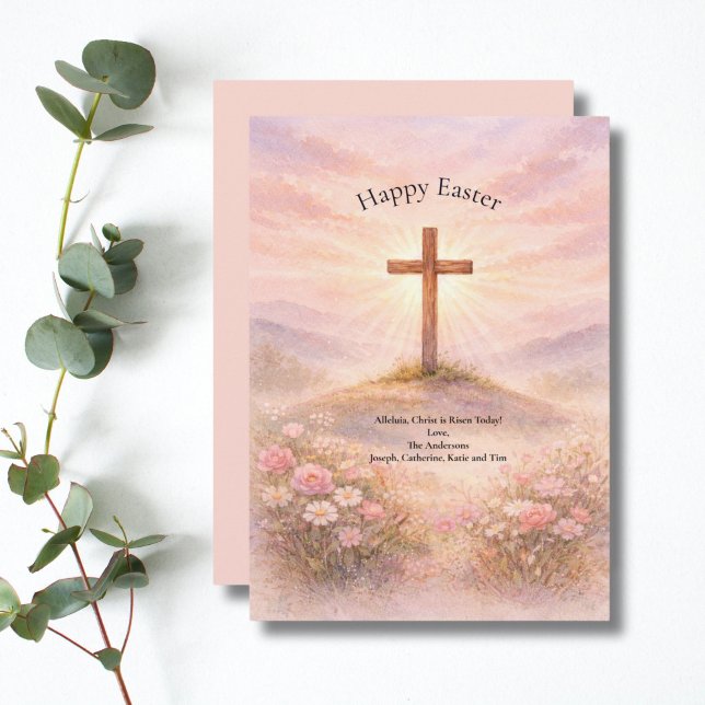 Cartão De Festividades Watercolor Wooden Cross Alleluia Happy Easter (Easter Card Pastel Watercolor Wooden Cross on hillside. Personalized, Printed or Digital)