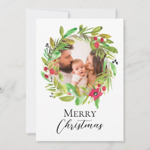 Cartão De Festividades Watercolor Wreath Family Photo Felry Christmas