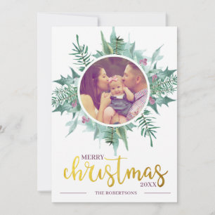 Cartão De Festividades Watercolor Wreath Foto Dourada Feliz Natal