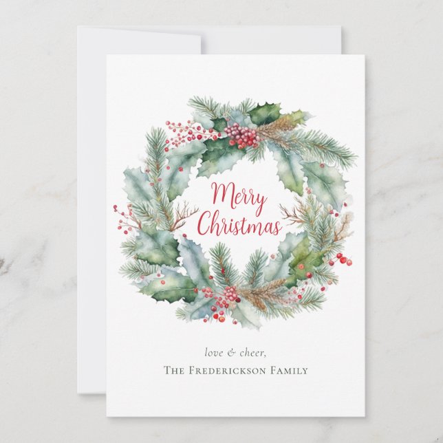 Cartão De Festividades Watercolor Wreath Merry Christmas Personalizado (Frente)