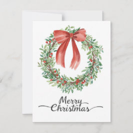 Cartão De Festividades Watercolor Wreath Red Bow Merry Christmas