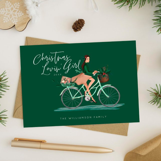 Cartão De Festividades Waterolor Christmas Loving Girl Dirigindo Uma Bici (Waterolor Christmas Lovin' Girl Riding A Bicycle Holiday Card)