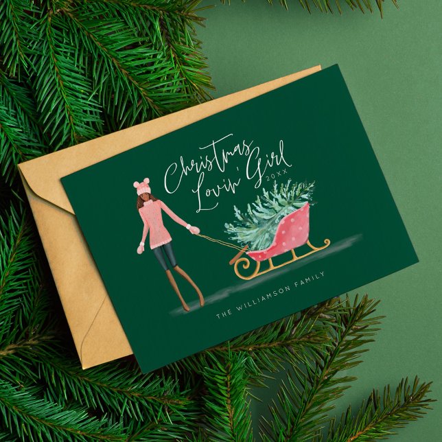 Cartão De Festividades Waterolor Christmas Loving' Girl Pulando Sleigh (Waterolor Christmas Lovin' Girl Pulling Sleigh Holiday Card)