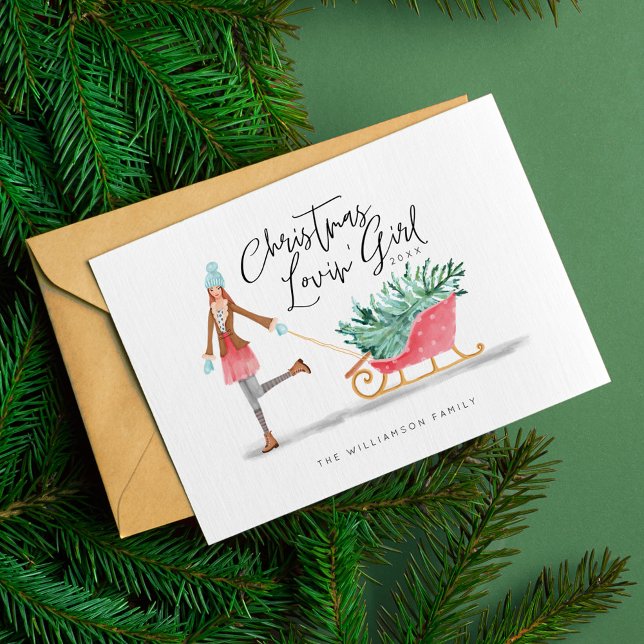 Cartão De Festividades Waterolor Christmas Loving' Girl Pulando Sleigh (Waterolor Christmas Lovin' Girl Pulling Sleigh Holiday Card)