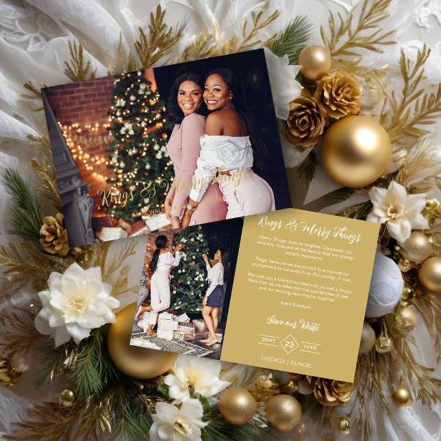 Cartão De Festividades Wedding Exclusive Whimsical Golden Script 2 Photos (Exclusive Whimsical Gold Typography Rings & Merry Things Quote Holidays as a Save the date Card.)