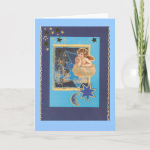 Cartão De Festividades "Weihnachts-Engel auf Wolke in Blau"