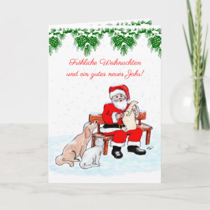 Cartão De Festividades Weihnachtsmann mit Hund und Katze auf Deutsch