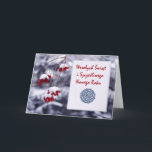 Cartão De Festividades Wesolych Swiat, Feliz Natal no polonês, inverno<br><div class="desc">Wesolych Swiat mim Szczesliwego Nowego Roku, Feliz Natal e feliz ano novo no polonês. Fotografia da natureza de uma cena do inverno com as bagas carmesins vermelhas que aderem-se aos ramos e cobertas com a neve. Madeiras nevado no fundo. o floco de neve do olhar do Papel-cut é centrado em...</div>