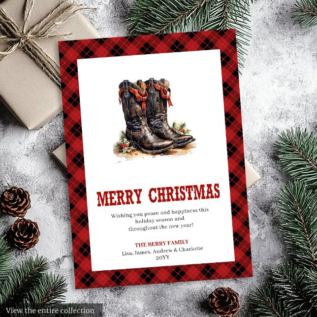 Cartão De Festividades Western Boots Buffalo Plaid Tartan Christmas Card (Western Boots Buffalo Plaid Tartan Christmas Card)