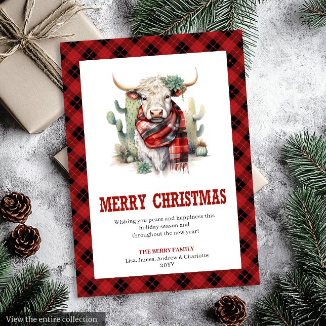 Cartão De Festividades Western Ranch Cow Red Plaid Buffalo Holiday Card (Western Ranch Plaid Buffalo Holiday Card)