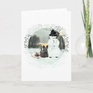 Cartão De Festividades Westie e Scottie Constroem um Boneco de Neve