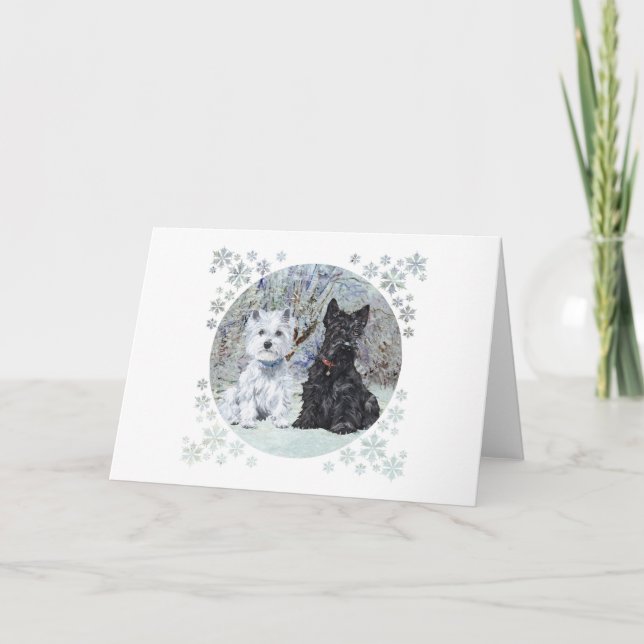 Cartão De Festividades Westie e Scottie na Paisagem de Neve (Frente)