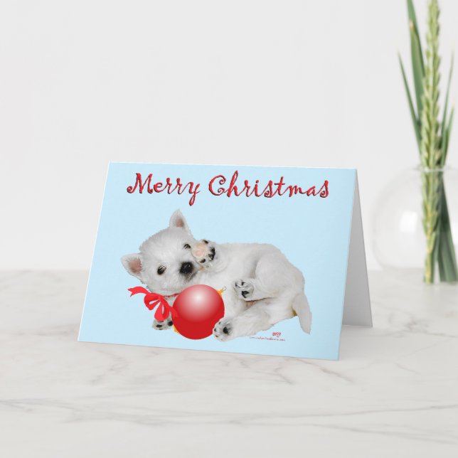 Cartão De Festividades Westie Puppy Playtime de Natal (Frente)