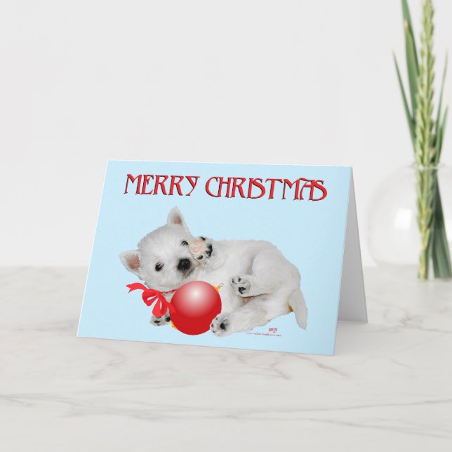Cartão De Festividades Westie Puppy Playtime de Natal (Frente)