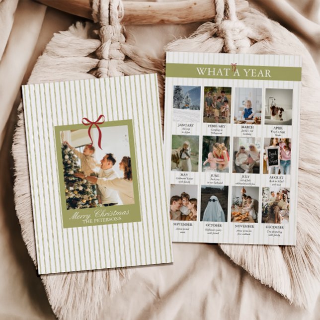 Cartão De Festividades What a Year Striped Green Red Photo Christmas (What a Year Striped Whimsical Christmas Card)
