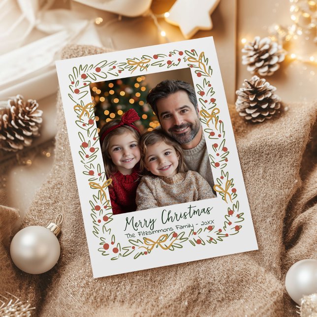 Cartão De Festividades Whimiscal Christmas Wreath & Bows Photo Card (Whimsical Christmas Wreath holiday family photo card)