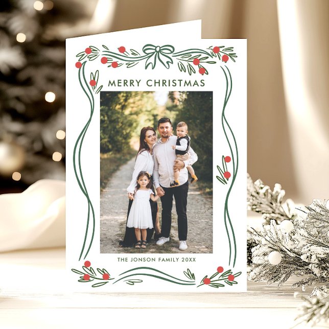 Cartão De Festividades Whimsical 5 Photo Boho Arco Verde Fita de Natal (Criador carregado)
