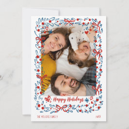 Cartão De Festividades Whimsical blue red Christmas Photo Card wreath