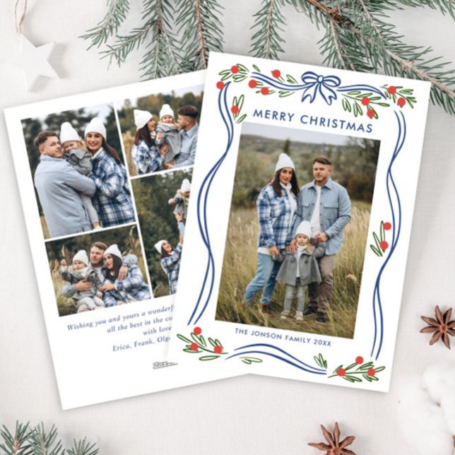 Cartão De Festividades Whimsical Boho Azul Arco de Natal Fita 5 Foto (Criador carregado)