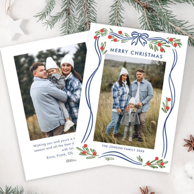 Cartão De Festividades Whimsical Boho Blue Christmas Arco Ribbon 2 Photo (Criador carregado)