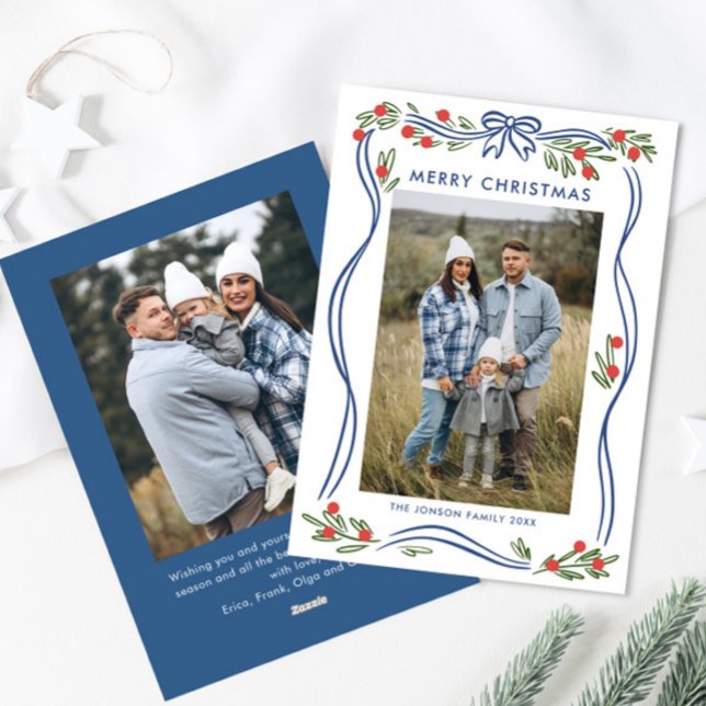 Cartão De Festividades Whimsical Boho Blue Christmas Arco Ribbon 2 Photo (Criador carregado)