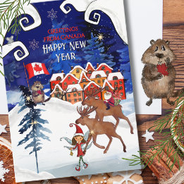 Cartão De Festividades Whimsical Canadian Village & Moose New Year