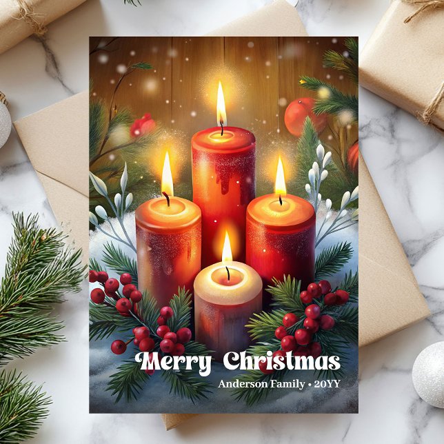 Cartão De Festividades Whimsical Christmas candle rustic pine wreath card (Whimsical Christmas candle rustic pine wreath card)