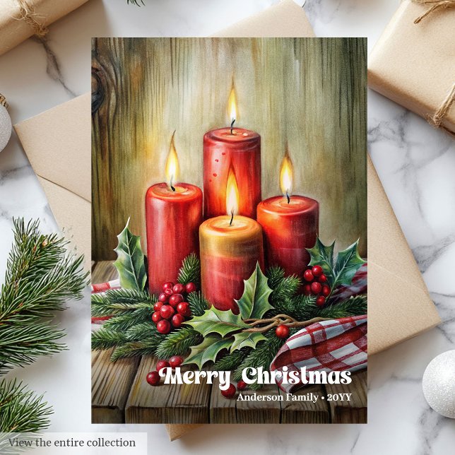 Cartão De Festividades Whimsical Christmas candles rustic pine wreath (Whimsical Christmas candles rustic pine wreath Holiday Card)