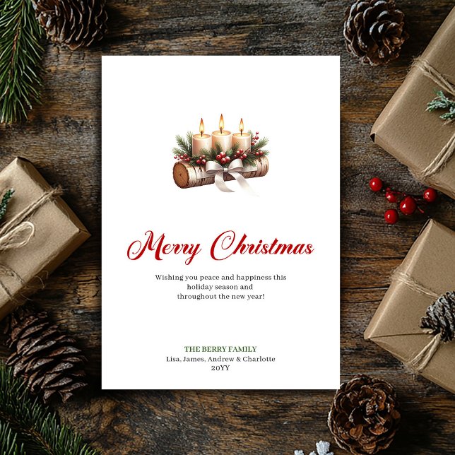 Cartão De Festividades Whimsical Christmas candles wooden log greeting (Whimsical Christmas candles wooden log greeting Holiday Card)